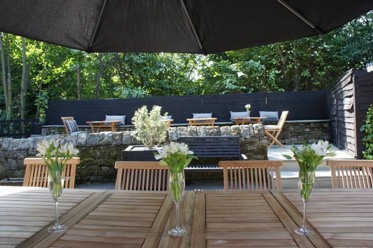 View from under the big garden umbrella at the Hathersage Social Club