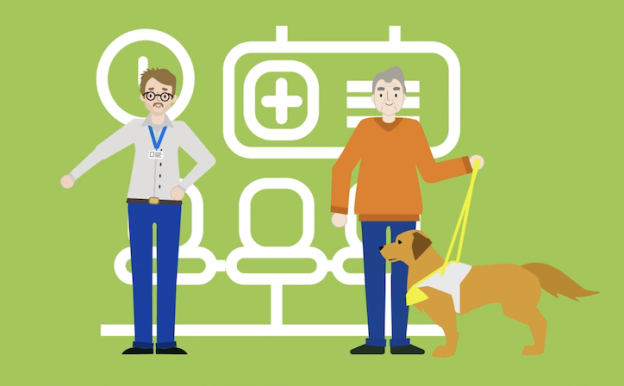 Image from the digital consent animation showing a doctor and a visually impaired patient with a guide dog.