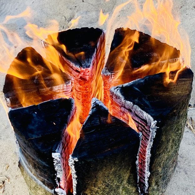A Swedish log burning with flames